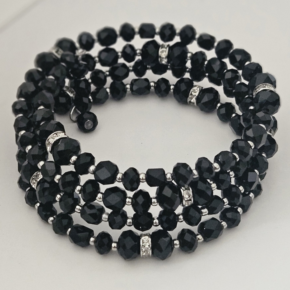 FACETED BEADS AND Black CRYSTAL RHINESTONES ACCENTS COIL WRAP Black BRACELET